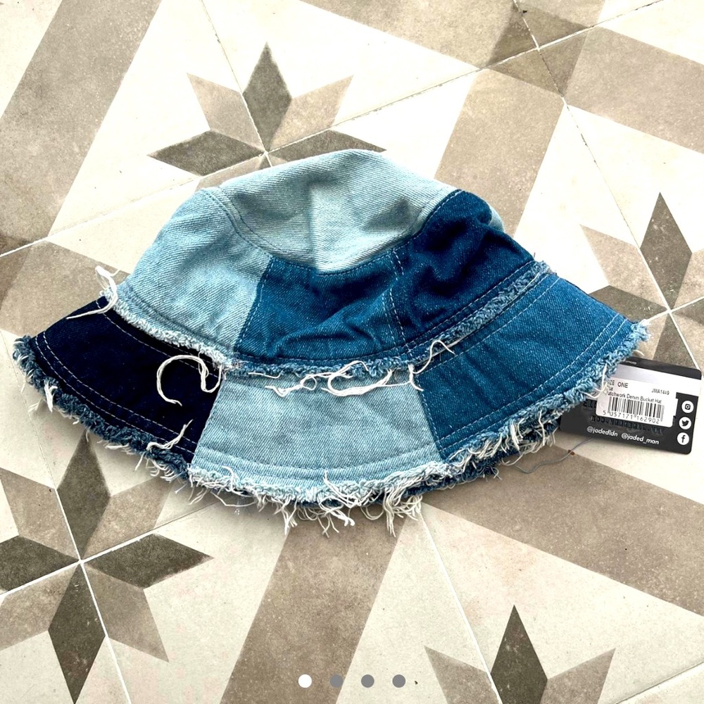 Frayed patchwork denim bucket hat